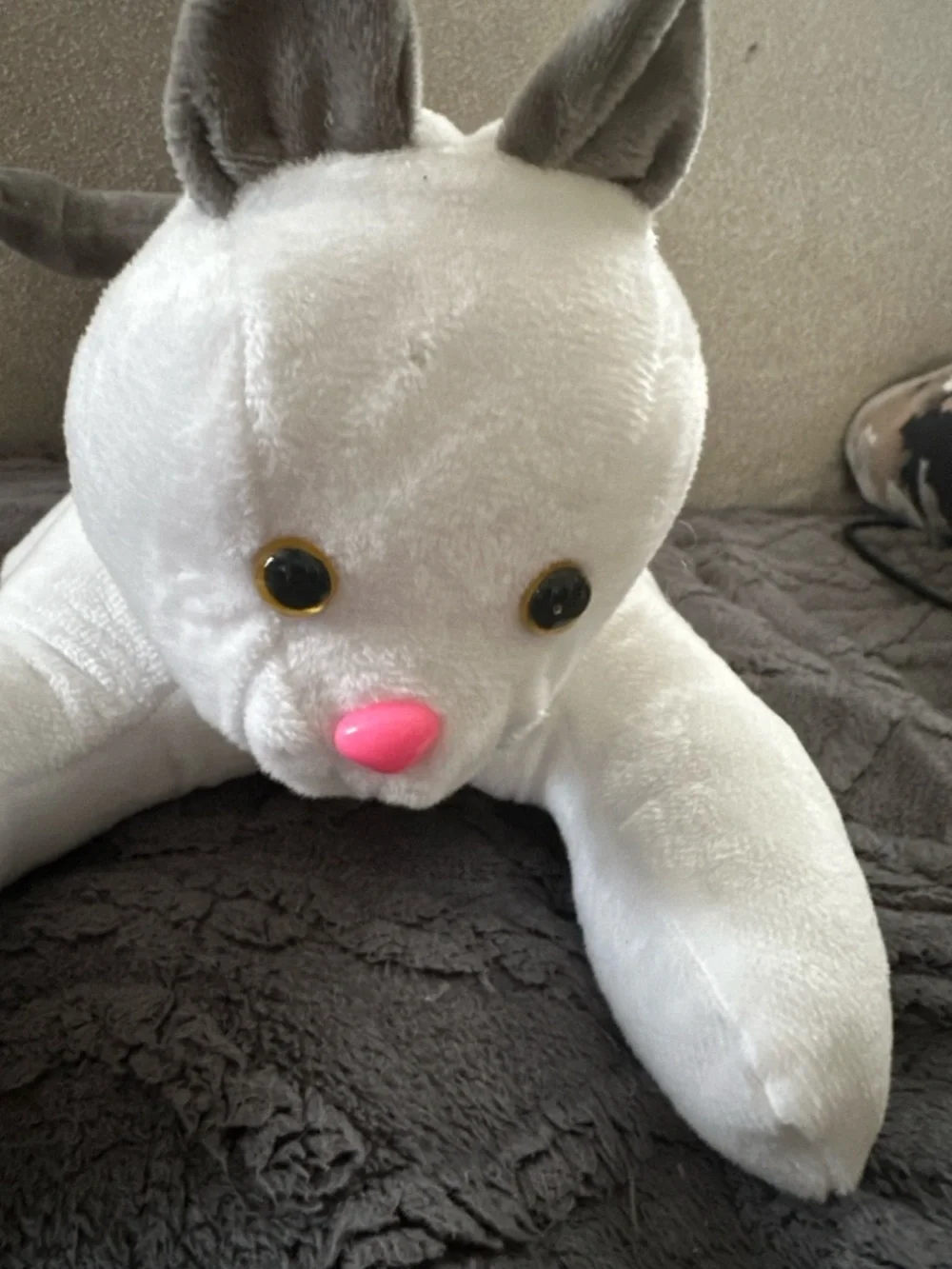 Handmade Plush White and Gray Cat Toy with Pink Nose - Soft Pet Playmate